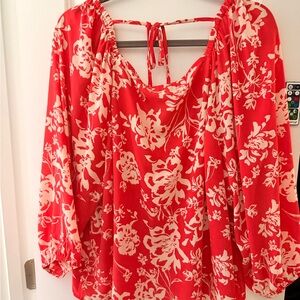 LOFT Red and Cream Floral Blouse